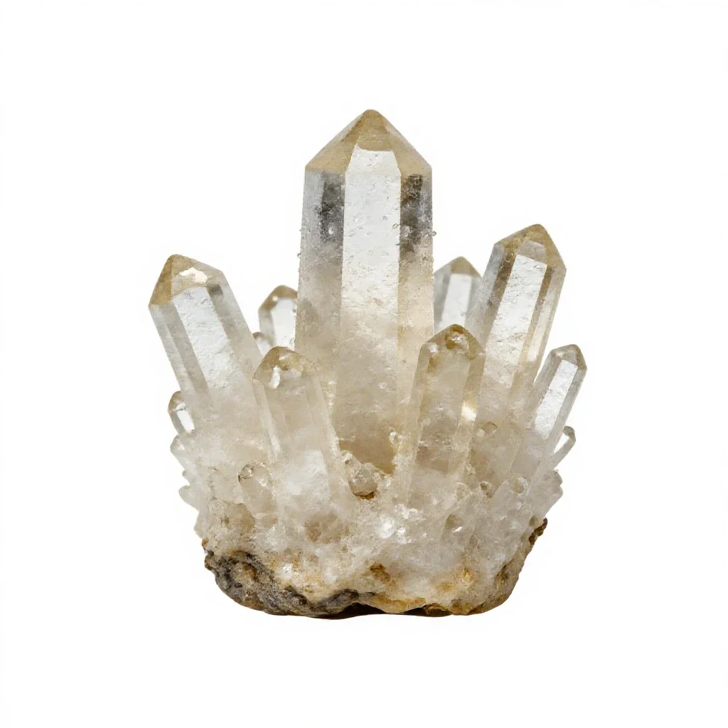 Quartz crystal cluster isolated on a white background