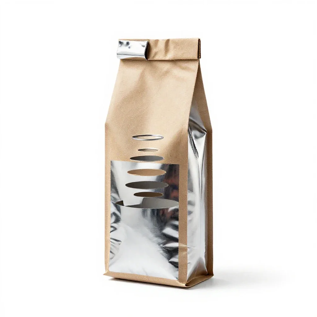 Kraft paper coffee bag with a valve isolated on a white background