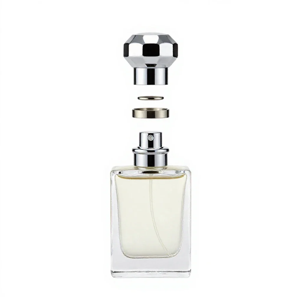 Perfume bottle with a faceted stopper isolated on a white background
