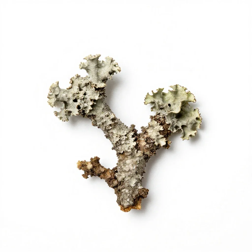 Lichen-covered twig isolated on a white background