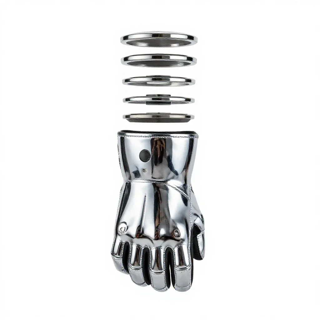 Powered exosuit gauntlet isolated on a white background