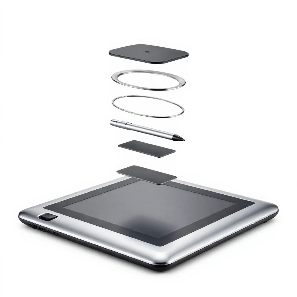 Graphics tablet with a stylus isolated on a white background