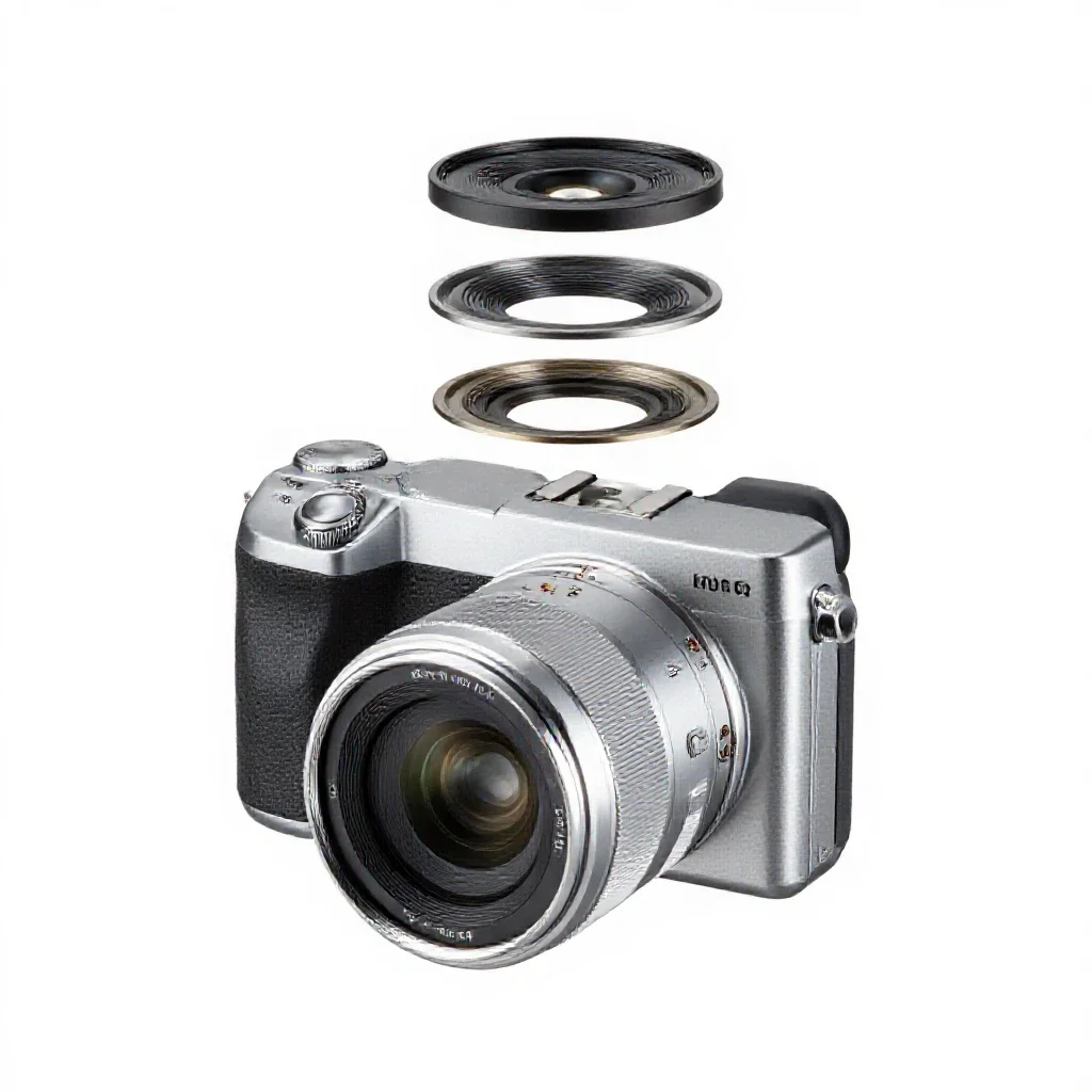 Mirrorless camera with a prime lens isolated on a white background