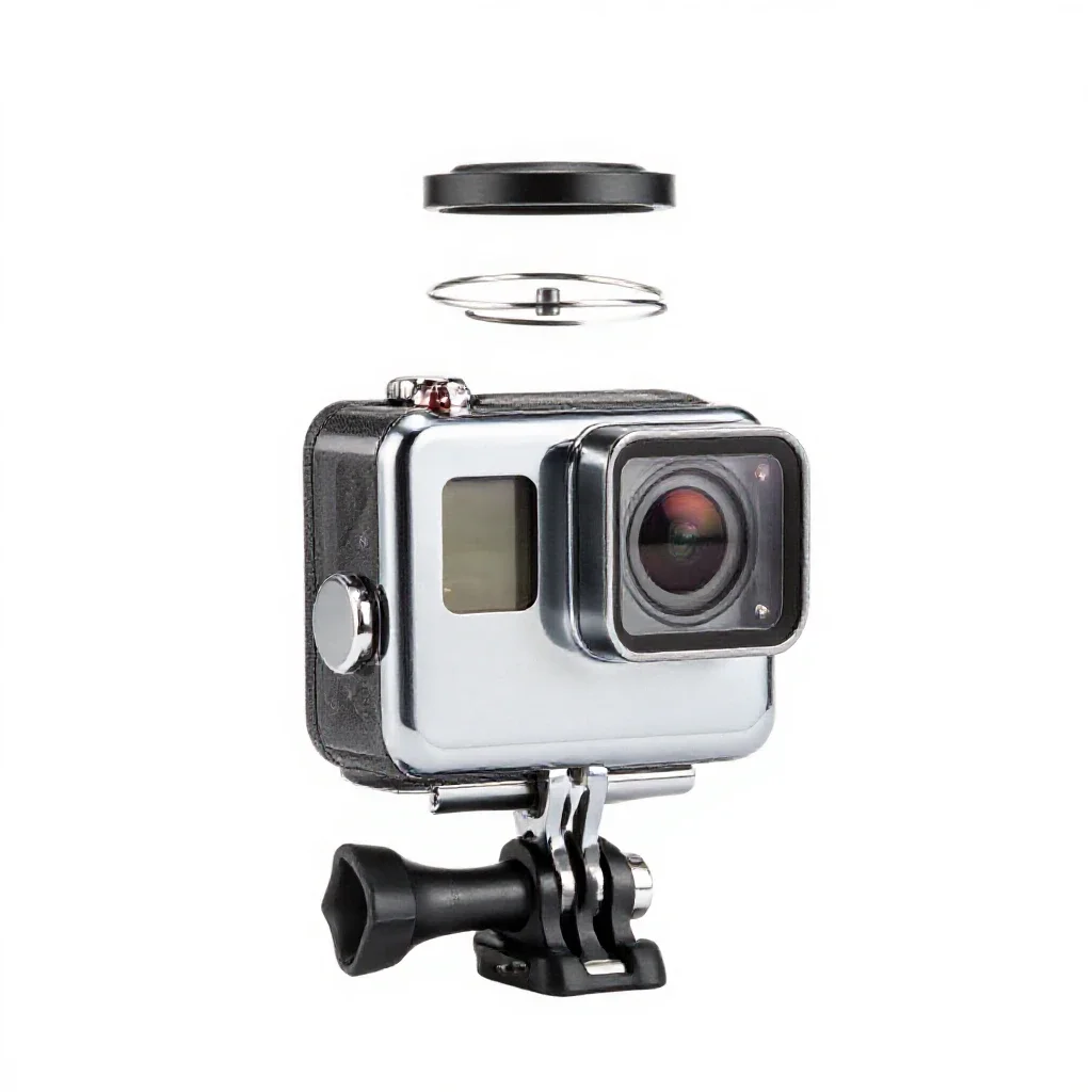 Action camera in a housing isolated on a white background