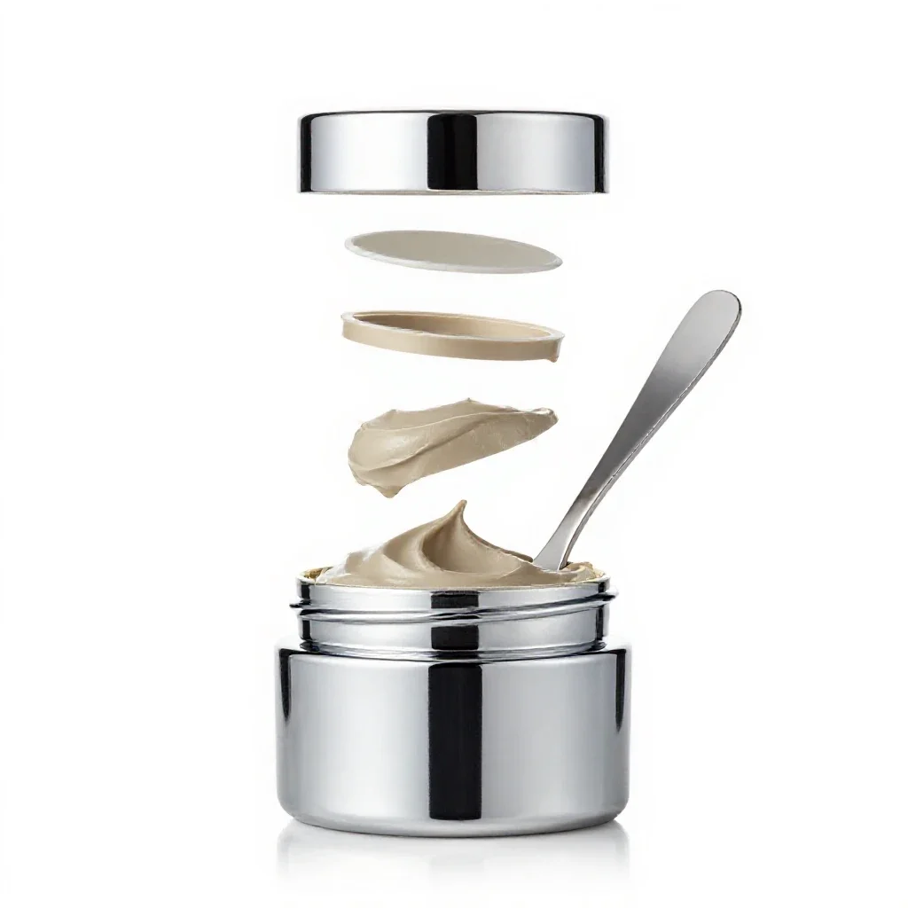 Clay mask jar with a spatula isolated on a white background