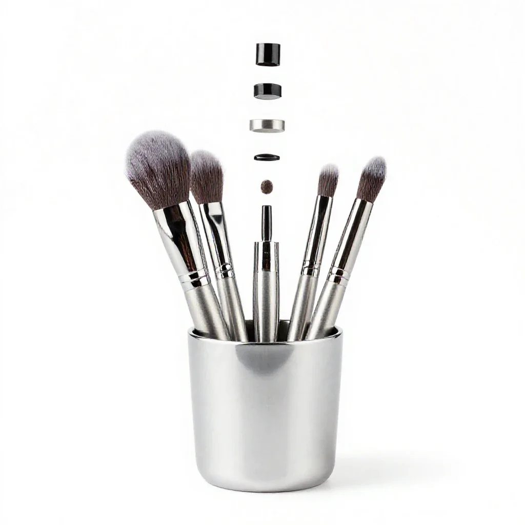 Makeup brush set in a cup isolated on a white background