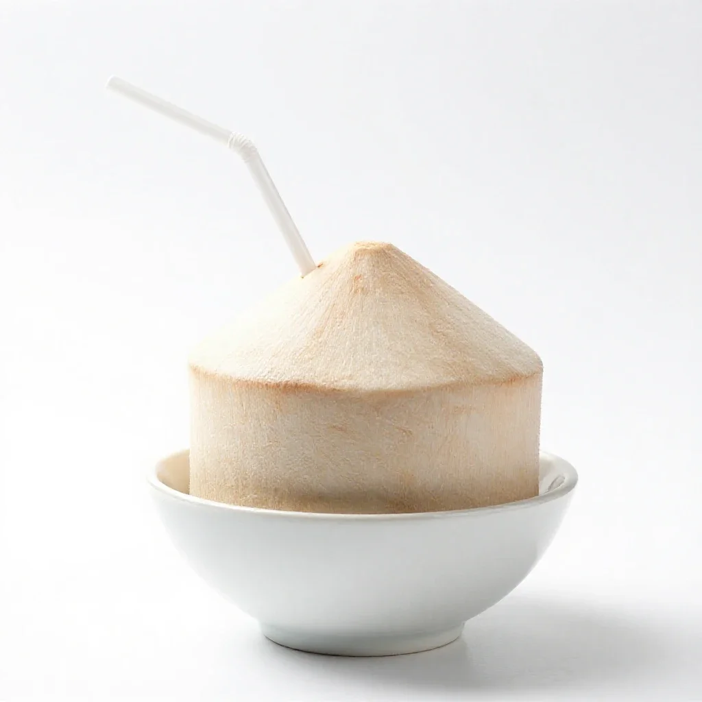 Fresh coconut with a straw isolated on a white background