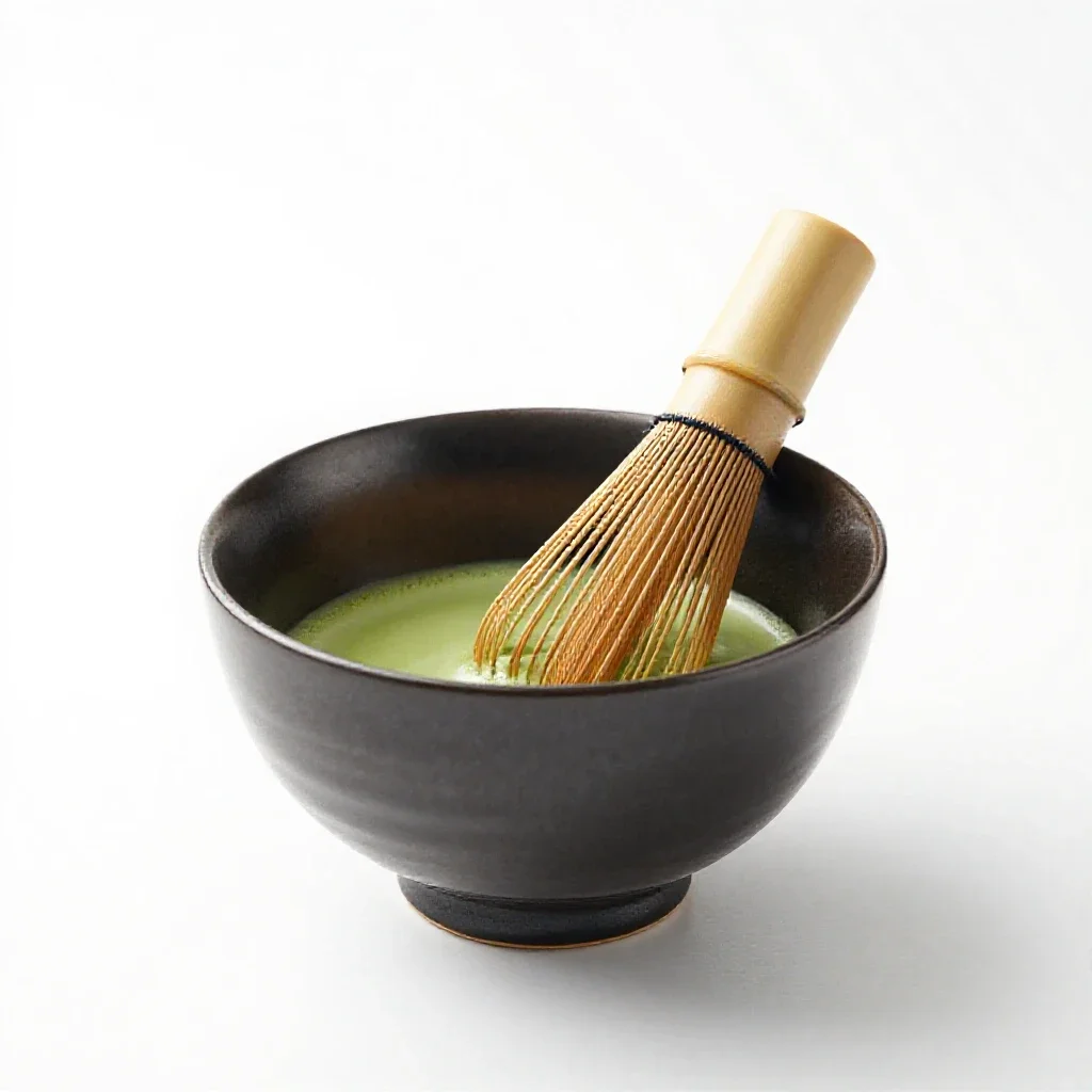 Matcha whisked in a chawan isolated on a white background