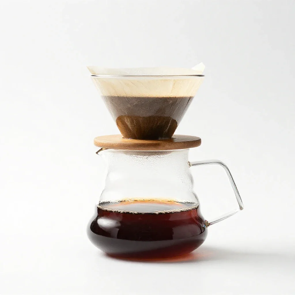 Pour-over coffee mid-bloom isolated on a white background