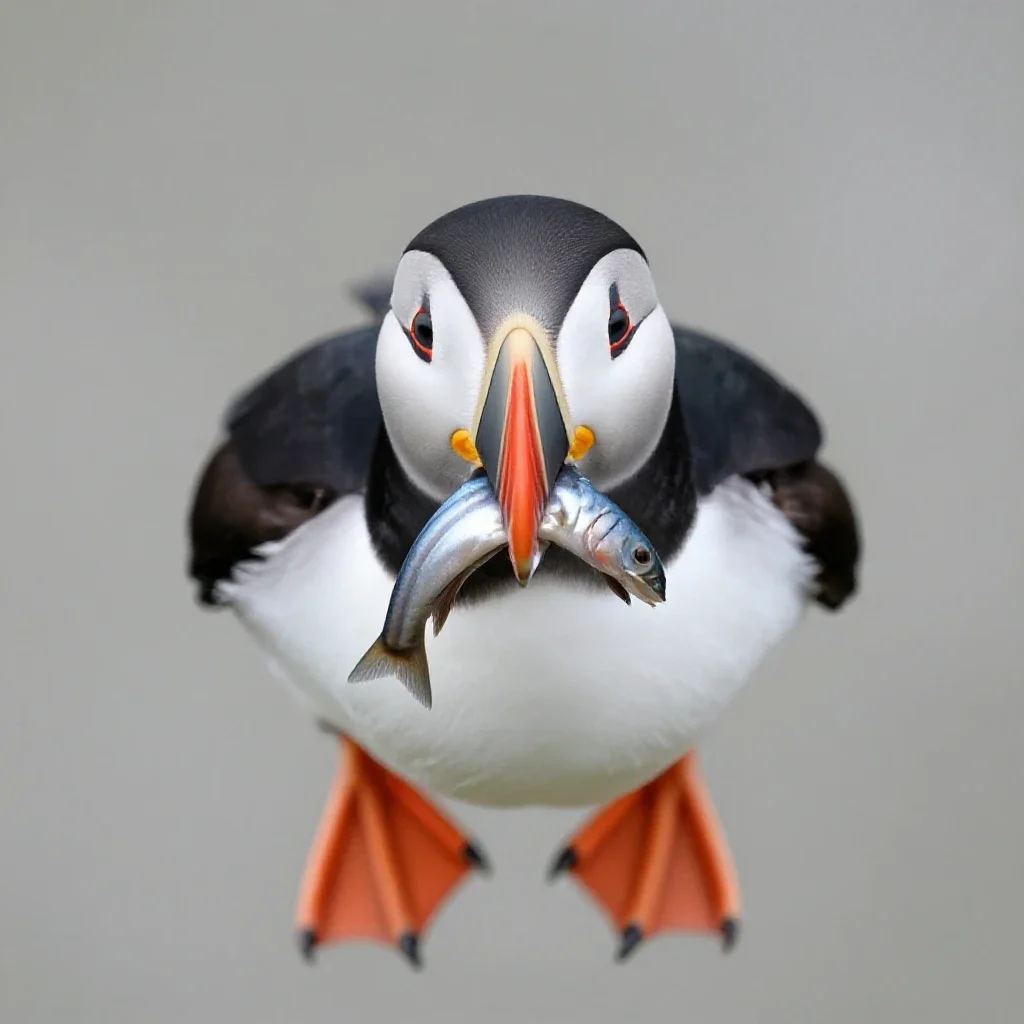 Puffin with a beakful of fish isolated on a white background