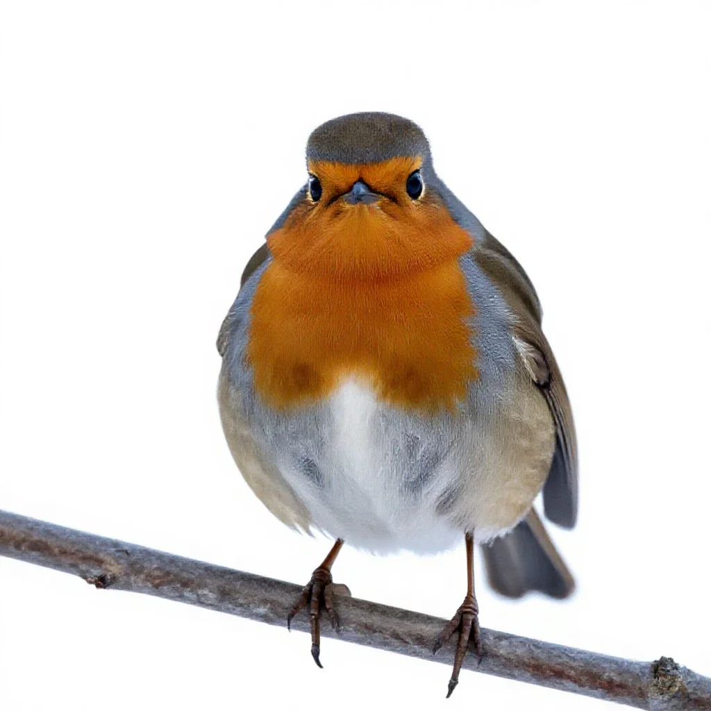 Robin on a frosted branch isolated on a white background