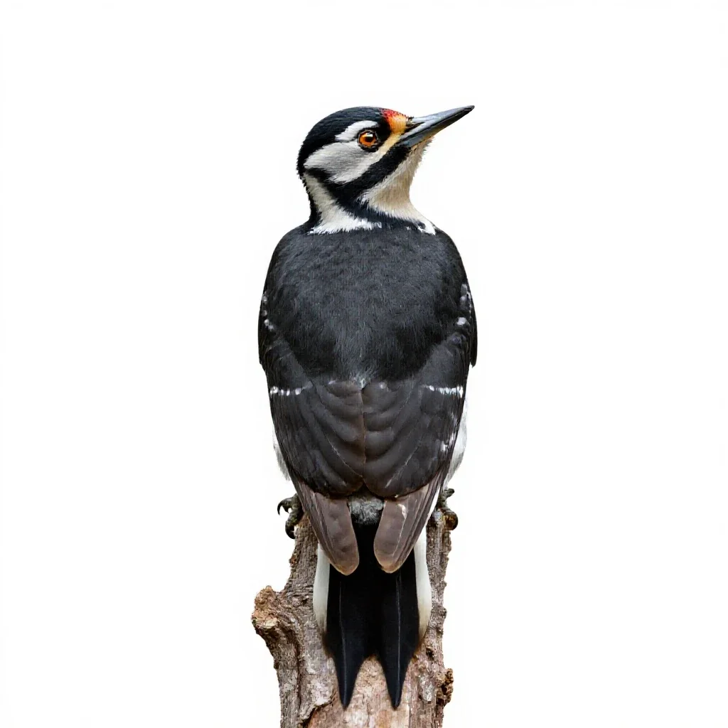 Woodpecker on bark isolated on a white background