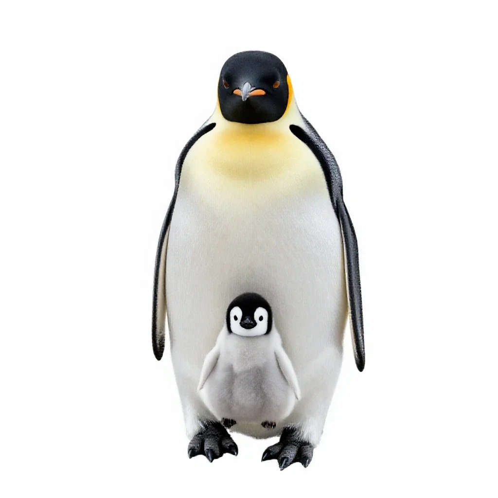 Emperor penguin with a chick isolated on a white background