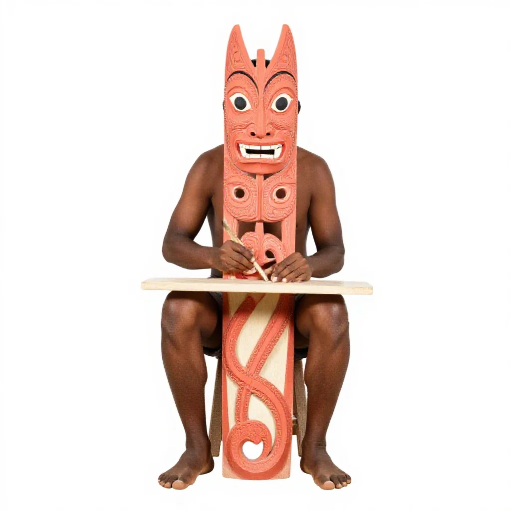 Maori carver at work isolated on a white background