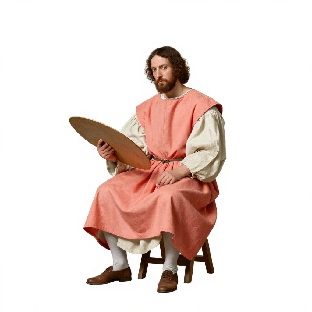Renaissance painter at an easel isolated on a white background