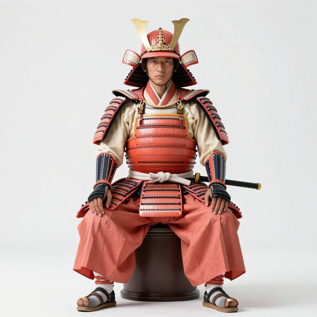 Samurai in lacquered armour isolated on a white background