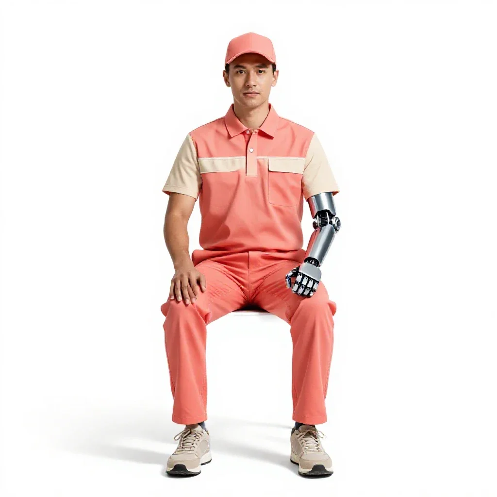 Courier with a cybernetic arm isolated on a white background