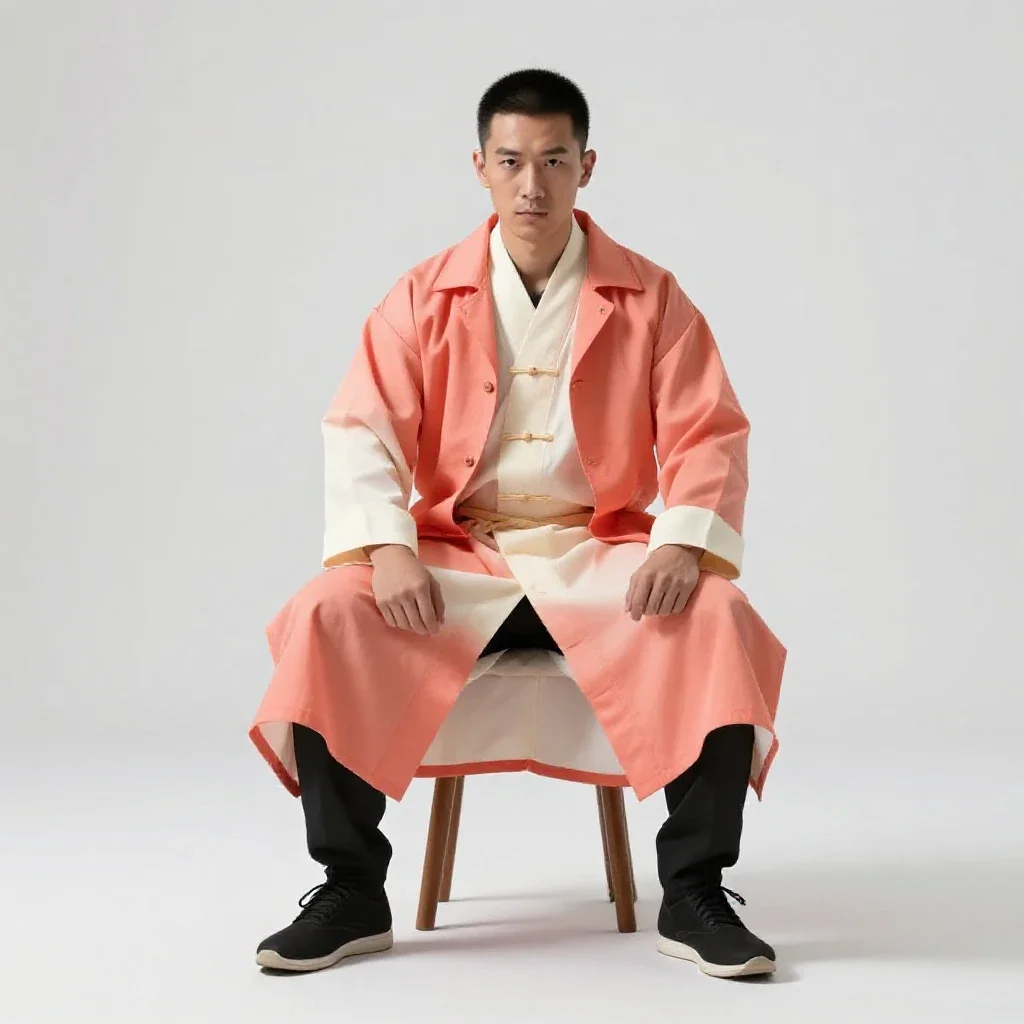 Street samurai in a long coat isolated on a white background