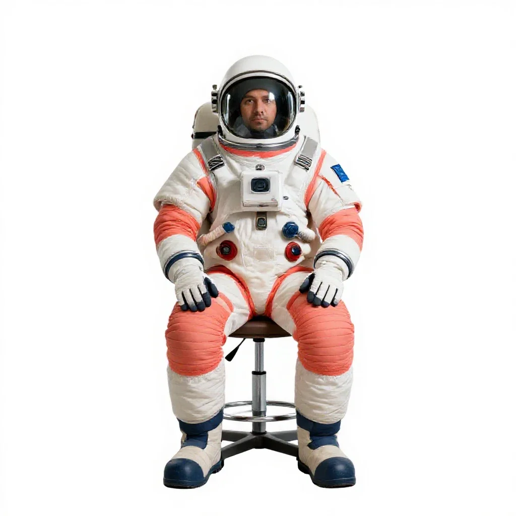 Orbital station engineer in a pressure suit isolated on a white background