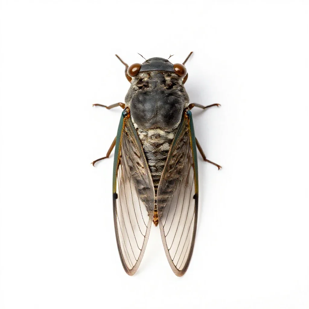 Cicada mid-song isolated on a white background
