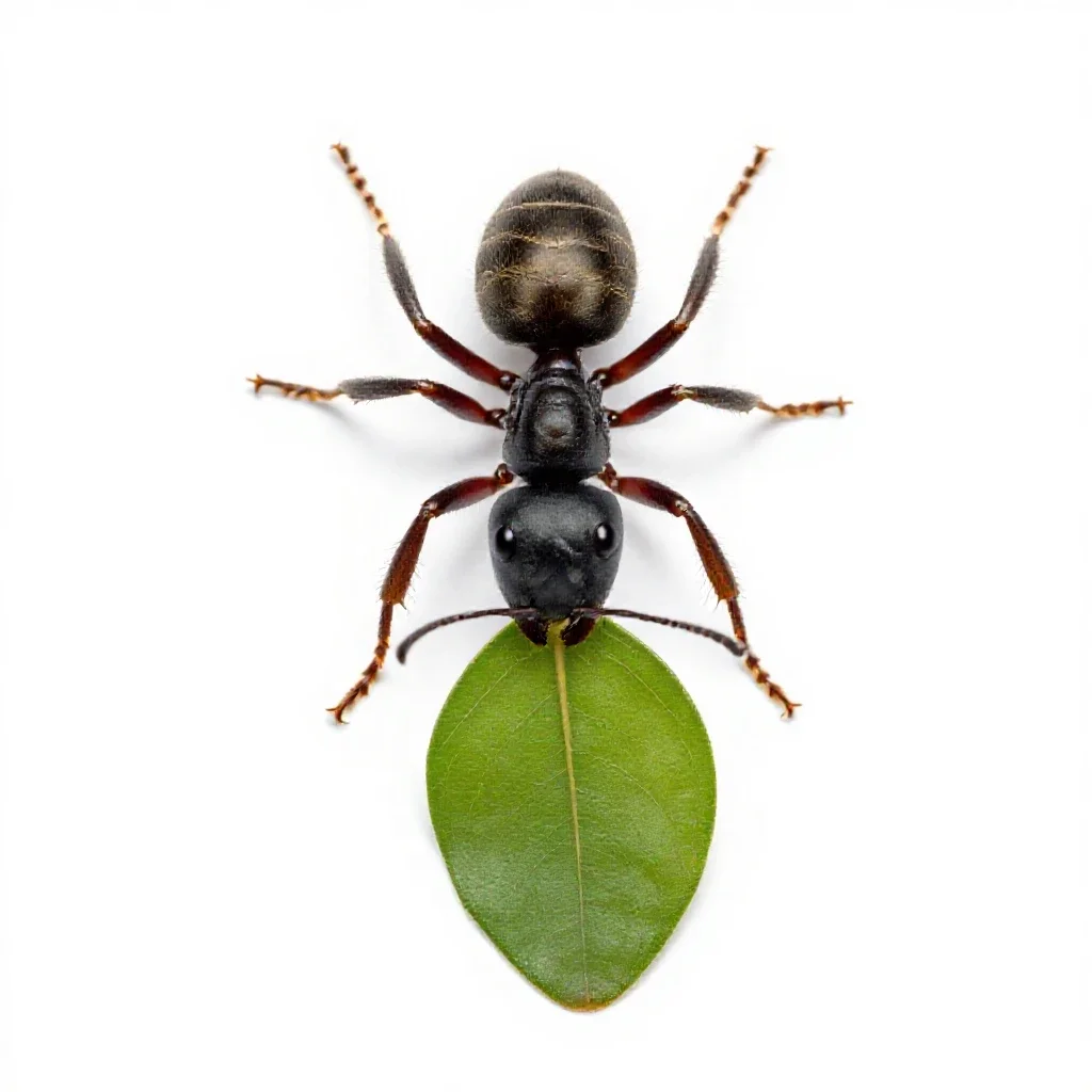 Leafcutter ant carrying a leaf isolated on a white background