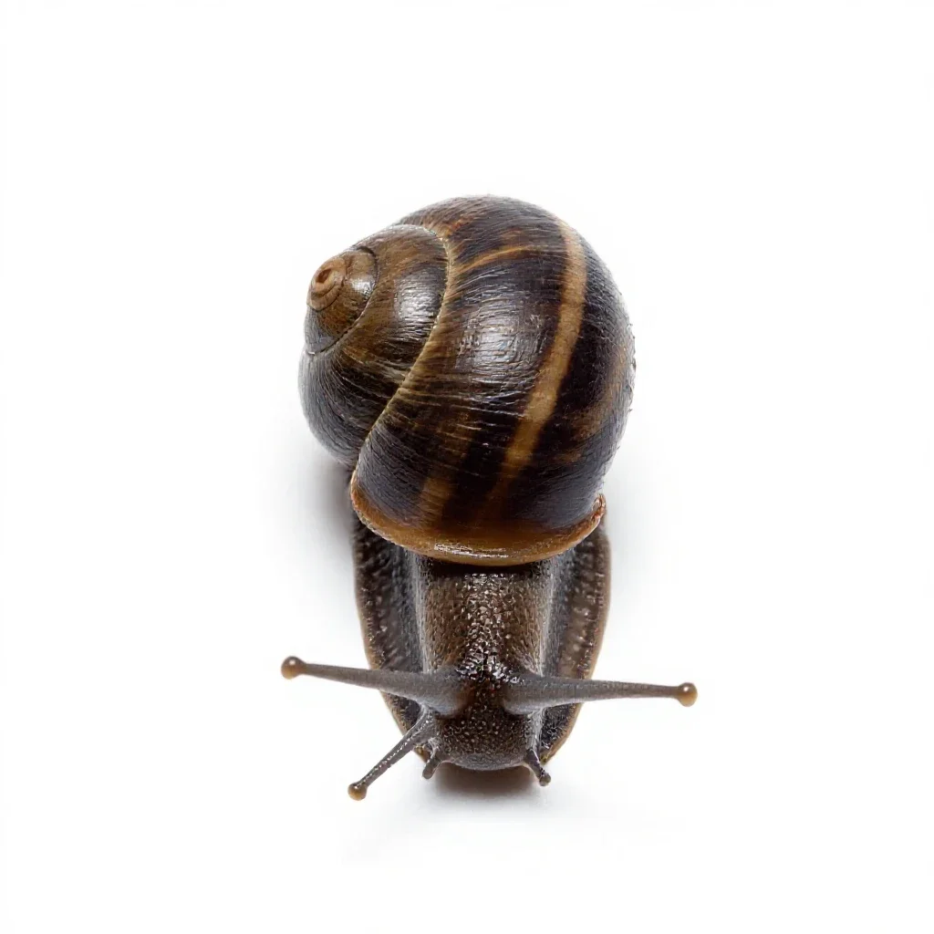 Snail on a wet stem isolated on a white background