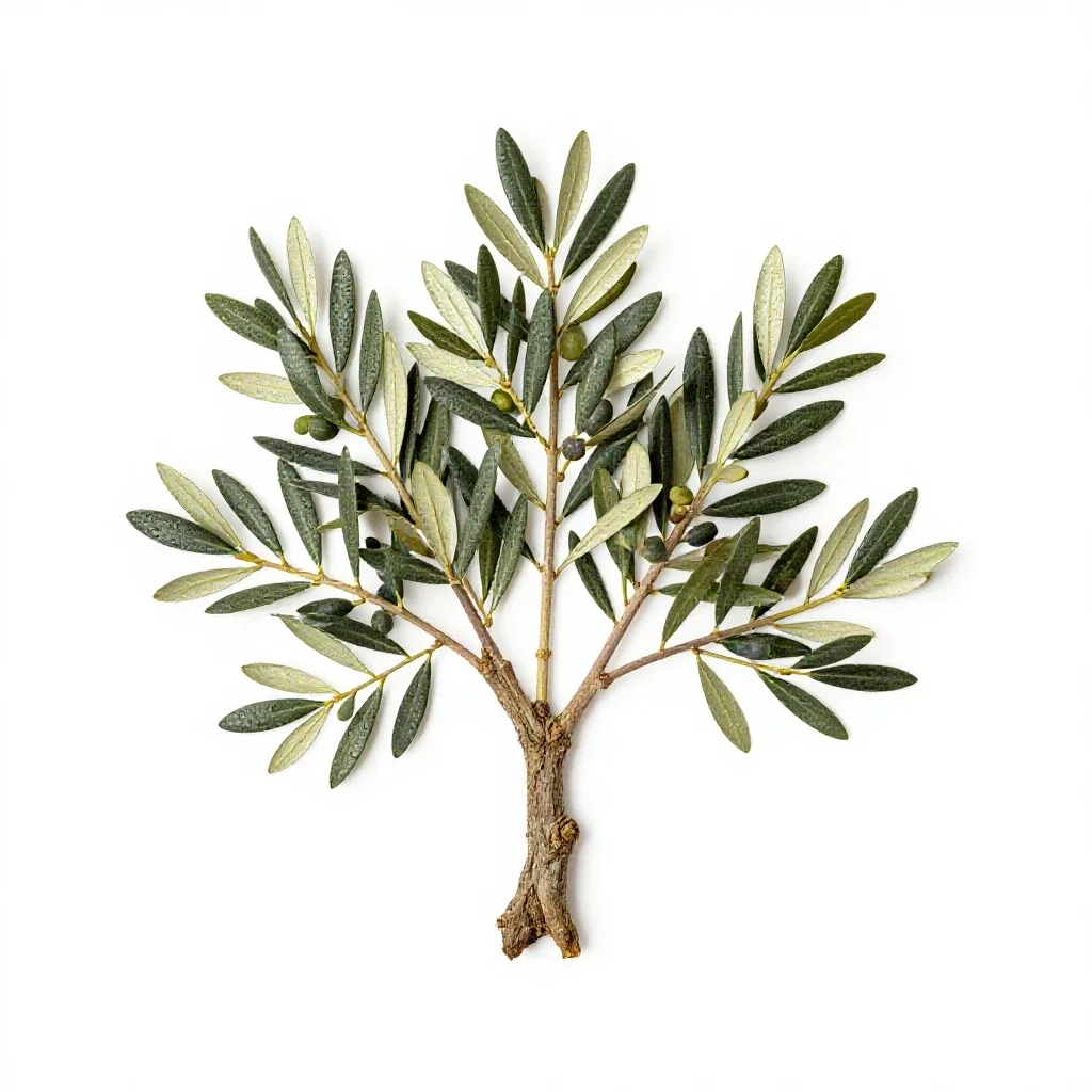 Olive tree with a gnarled trunk isolated on a white background