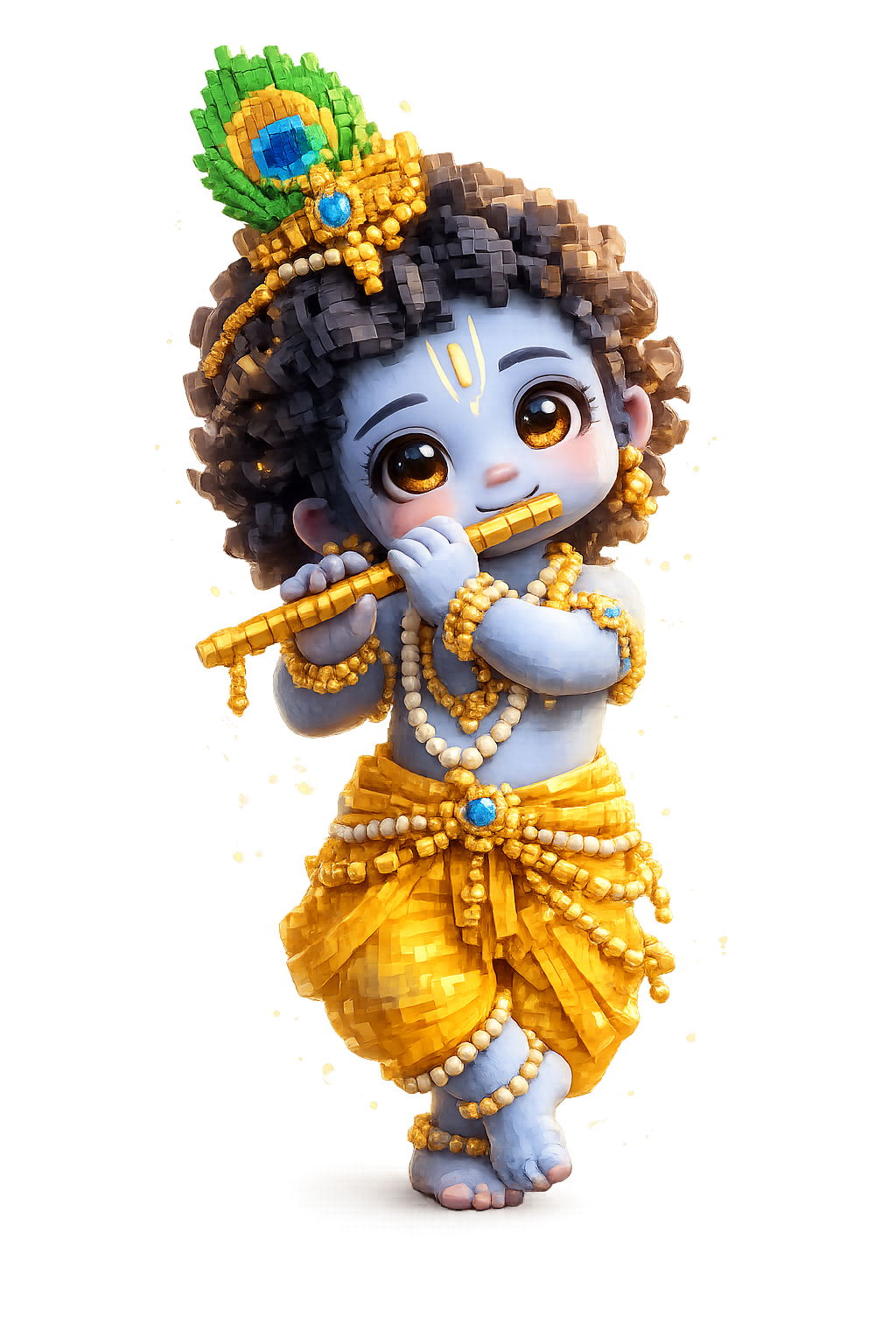Transform the uploaded image into an adorable Pixel 3D voxel art version of Bal Krishna. Keep the same overall pose and…