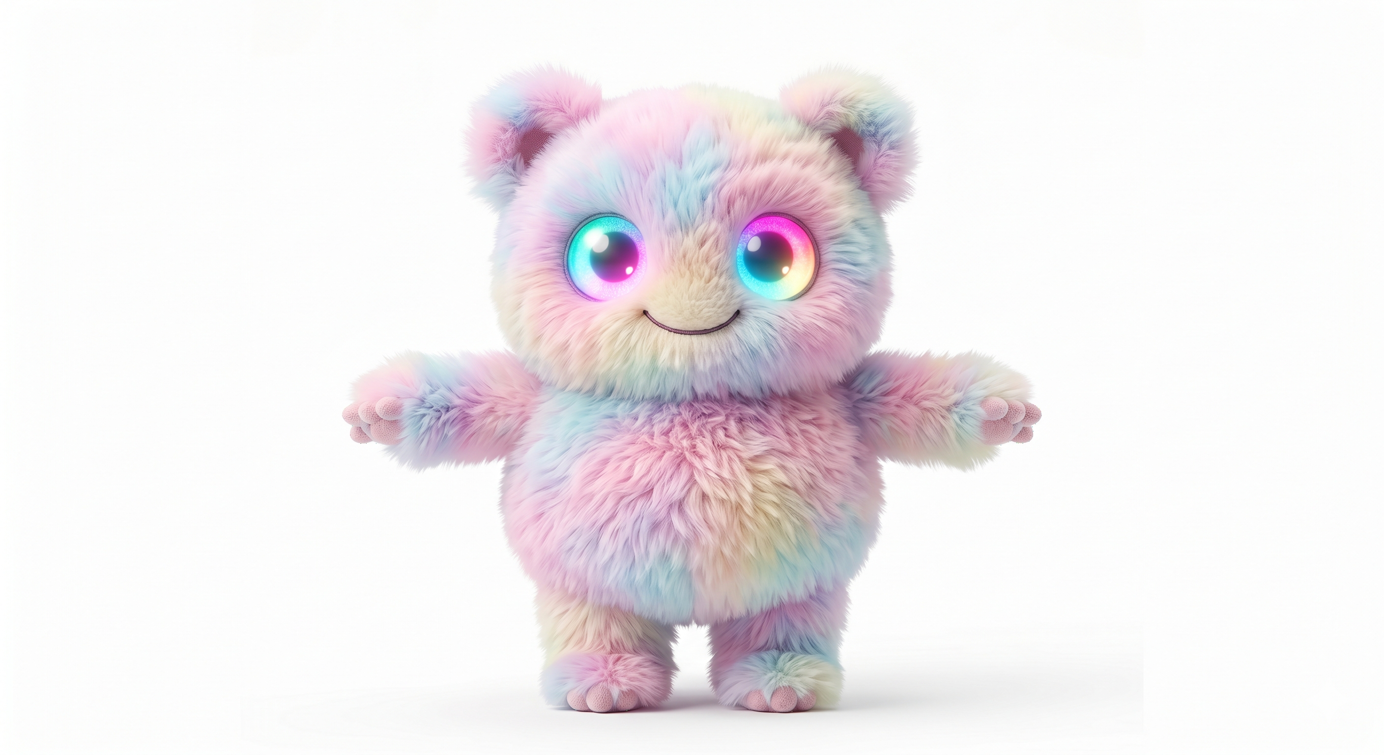 A cute hybrid plush monster with extremely soft, thick, fluffy pastel , big round glowing glowy eyes that magically shi…