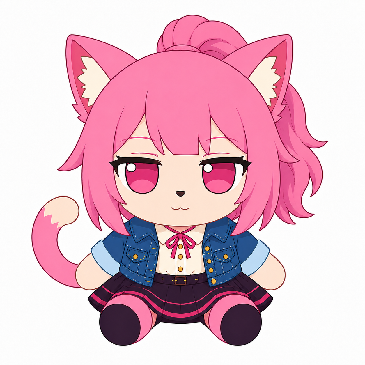 A clean product-style 3D asset of a flush toy of a pink cargirl with ponytail hair to right side and cat tail from left…