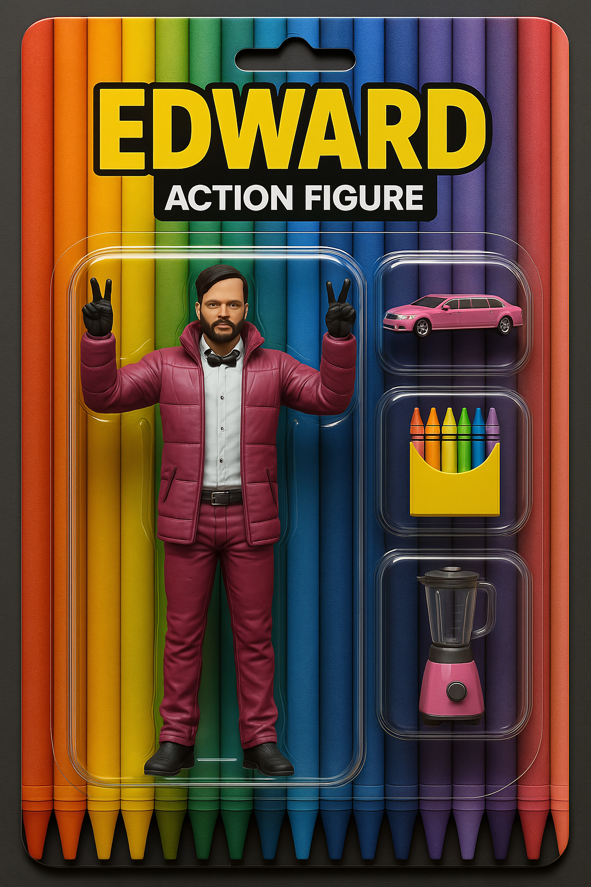 A stylized 3D collectible action figure package rendered in a hyper-detailed toy-photography style. The packaging is a…