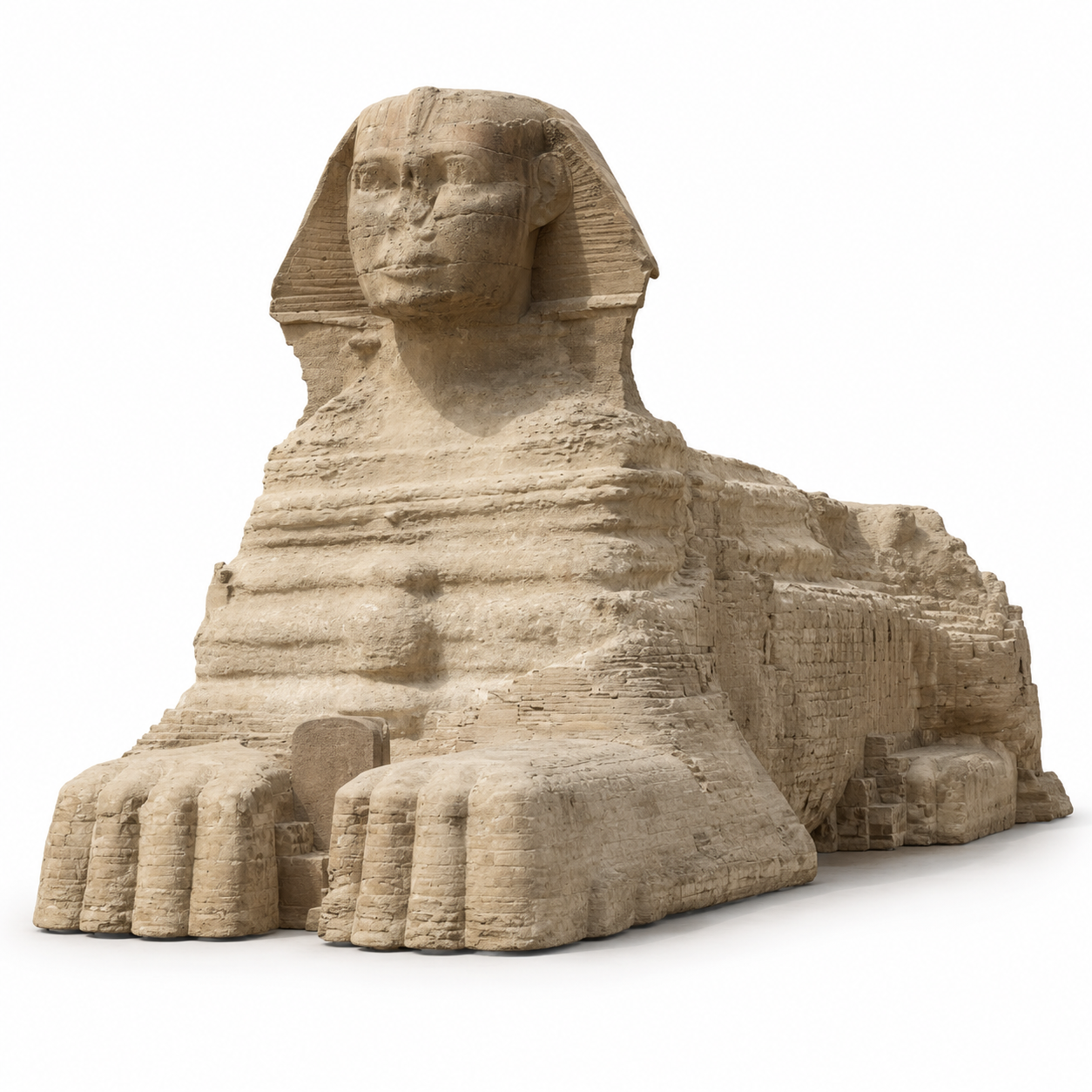 Create a realistic high-detail 3D model of the Great Sphinx of Giza from the source image. Full statue, front three-qua…