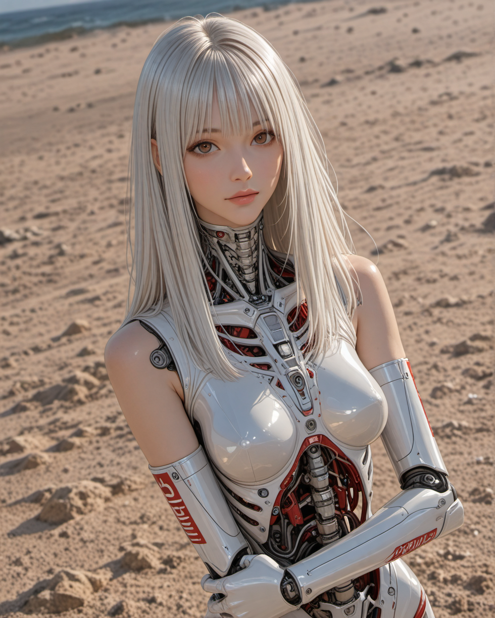 A female android on the beach