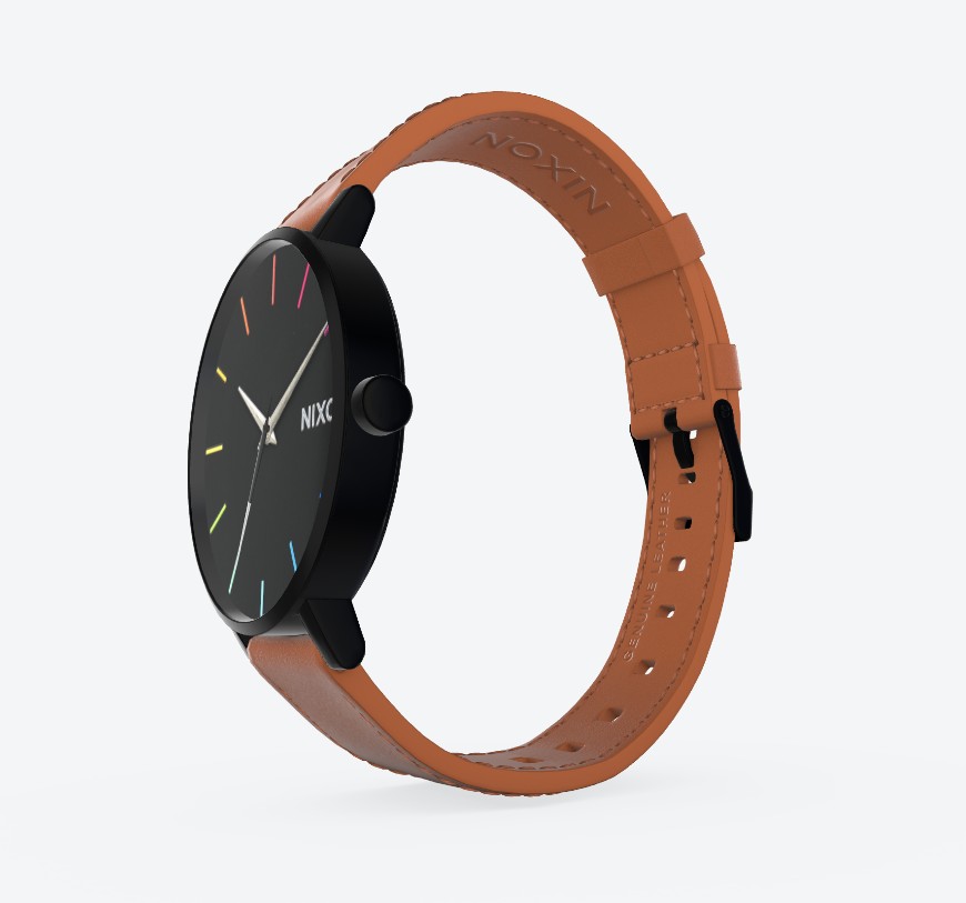 a clean 3d model of watch, leather brown strap, metallic black locks and dial with detail to colors. Create this wrist…