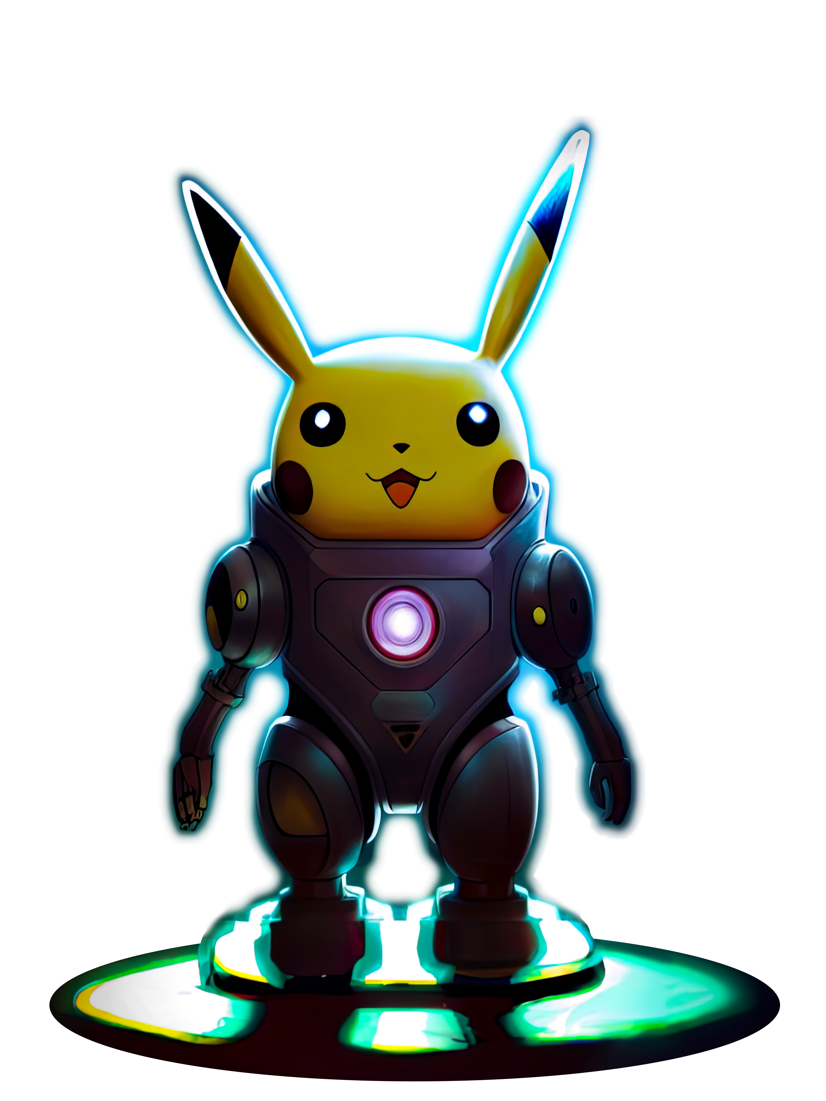 A robotic Pikachu is standing on a glowing platform, front view, centered. The robot is sleek and metallic dark gray wi…