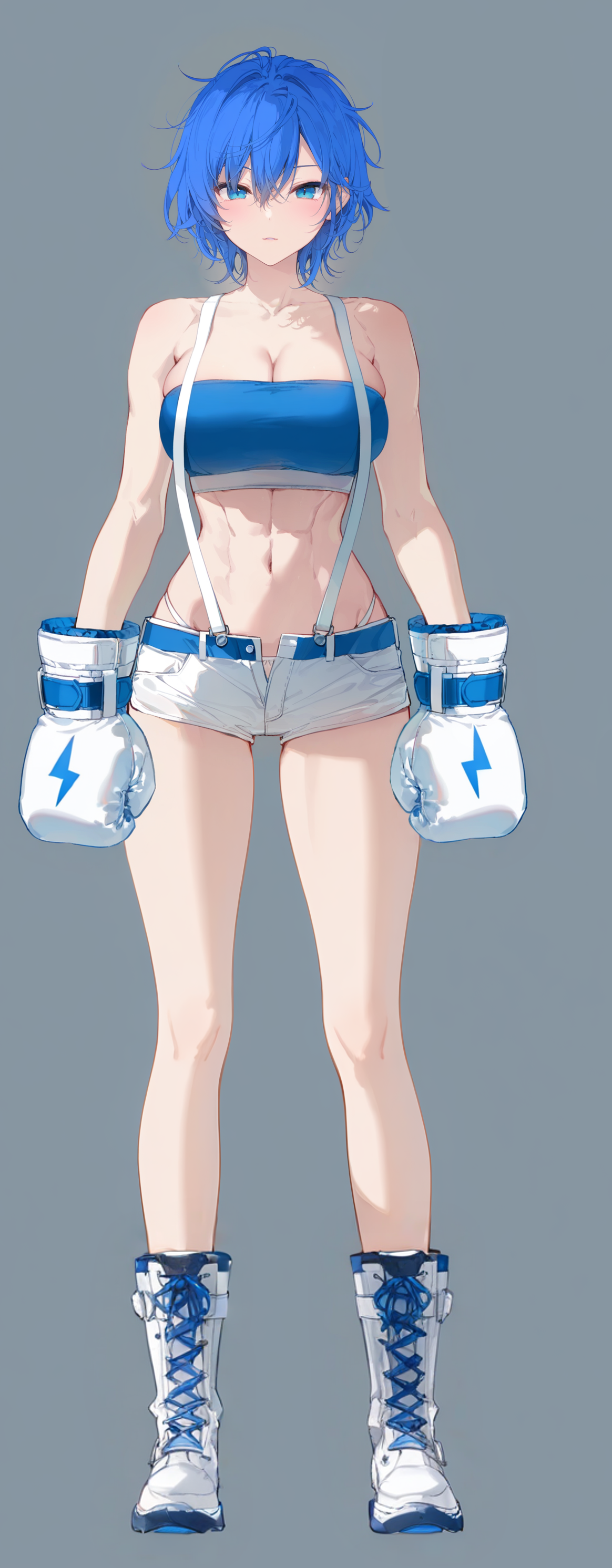 A blue haired anime female wearing white shorts, white suspenders, a blue top, white boots, and white boxing gloves.