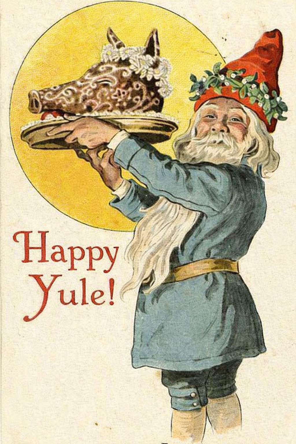A gnome holding a plate with a pig head cake.