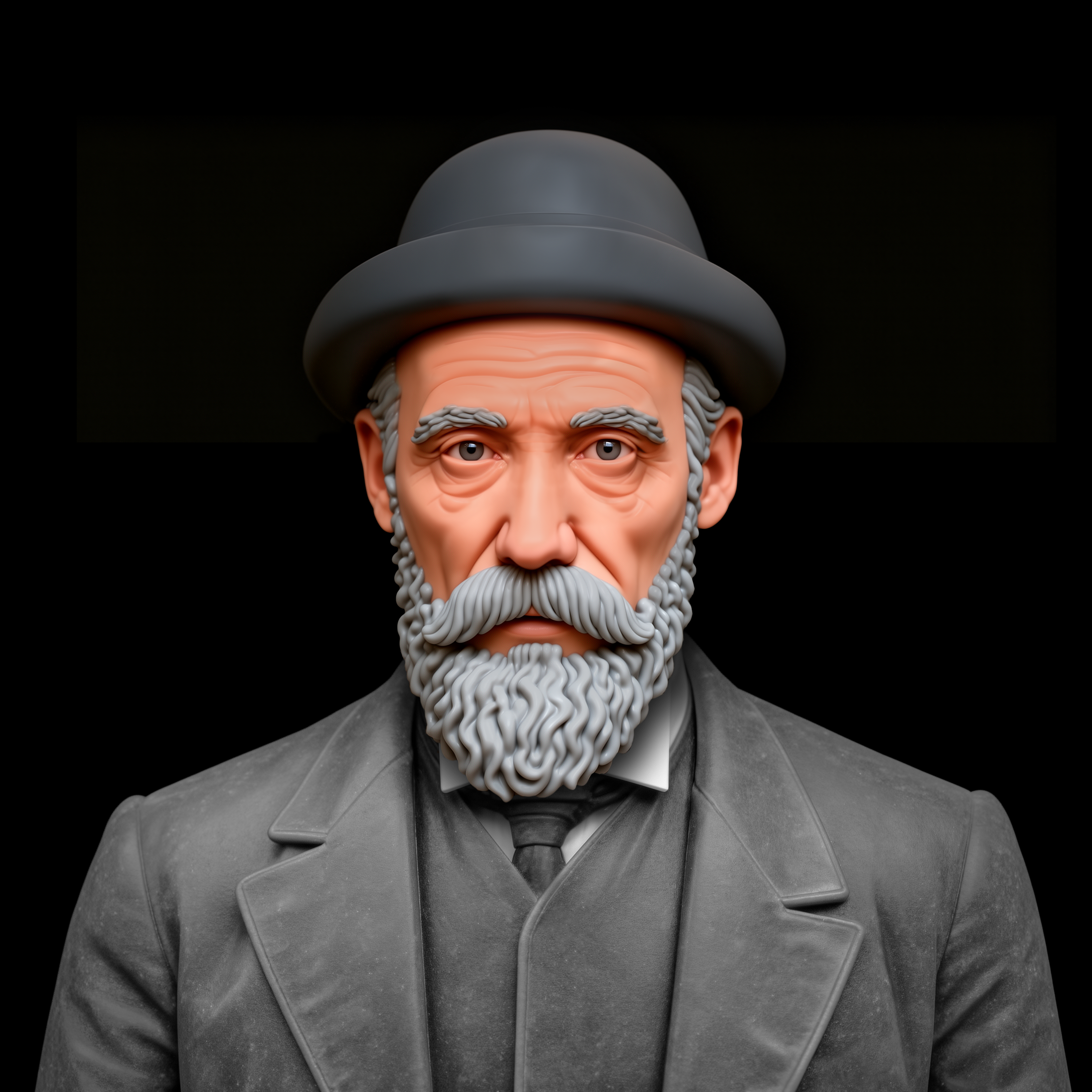 A sculptural bust of an 80 year old, bearded, Victorian gentleman with a hat.
