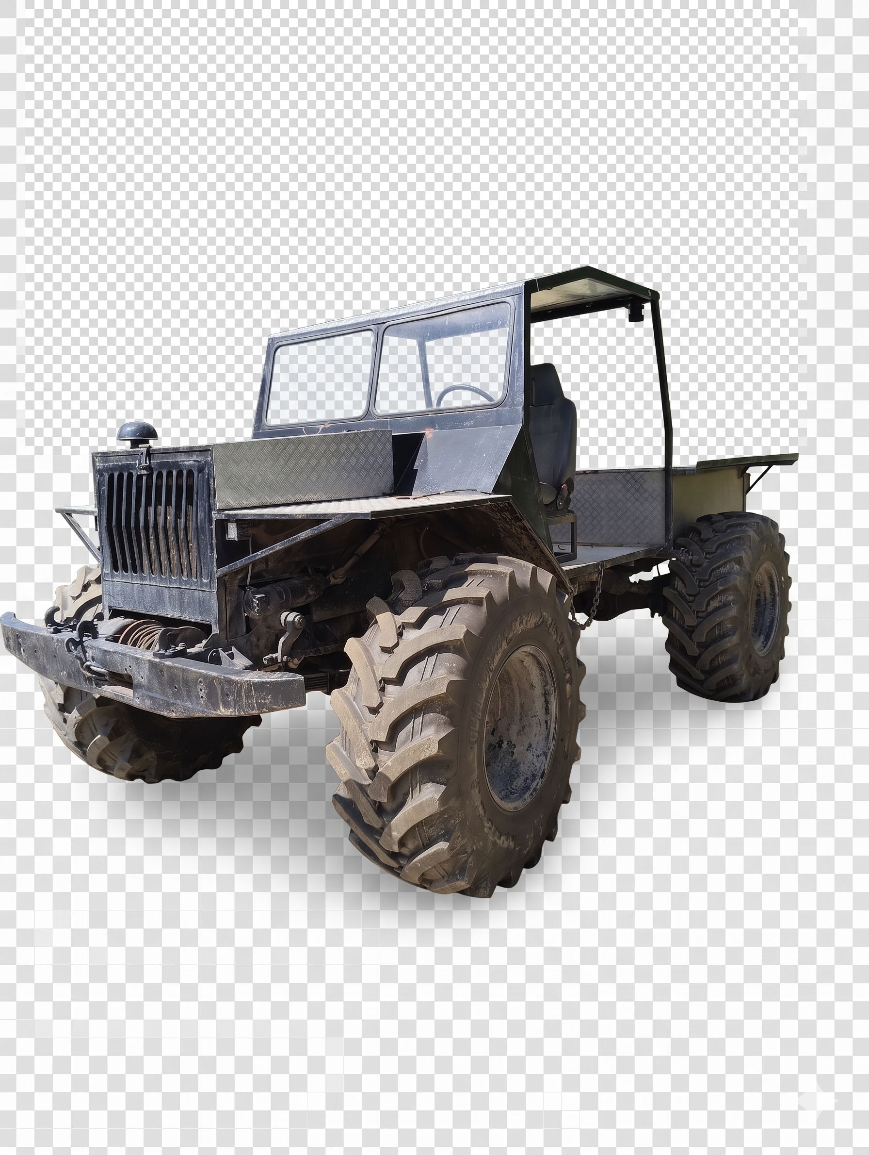 Custom off-road vehicle built on a standard heavy-duty truck chassis, modified truck base, large tractor tires