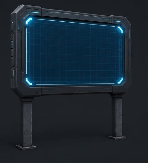 A futuristic sci-fi holographic mission board with a dark metal frame, blue glowing hologram screen, reinforced steel l…