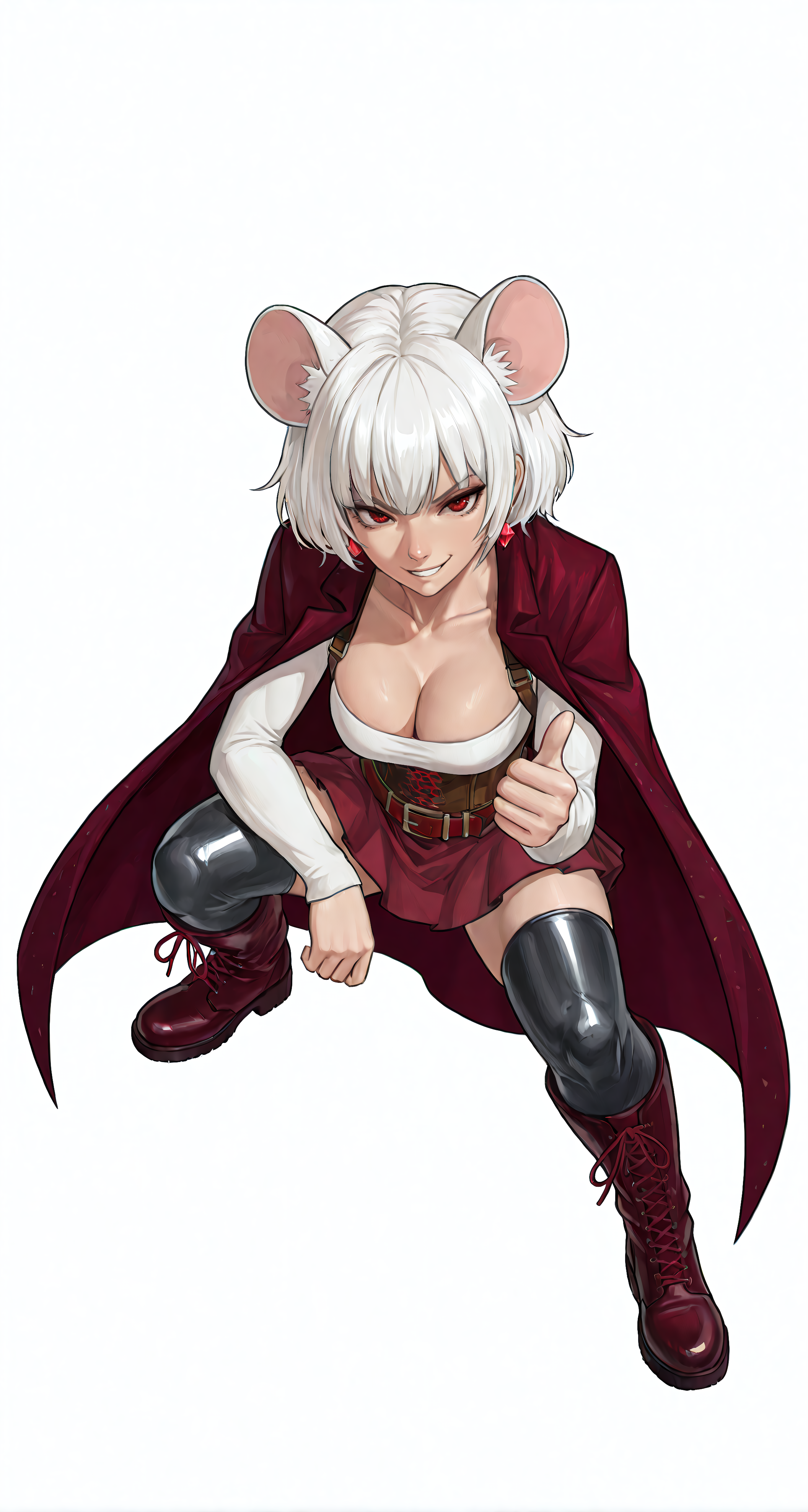 A mouse girl wearing a dark red cape, boots and skirt as well as a white shirt gives a cool thumbs up.