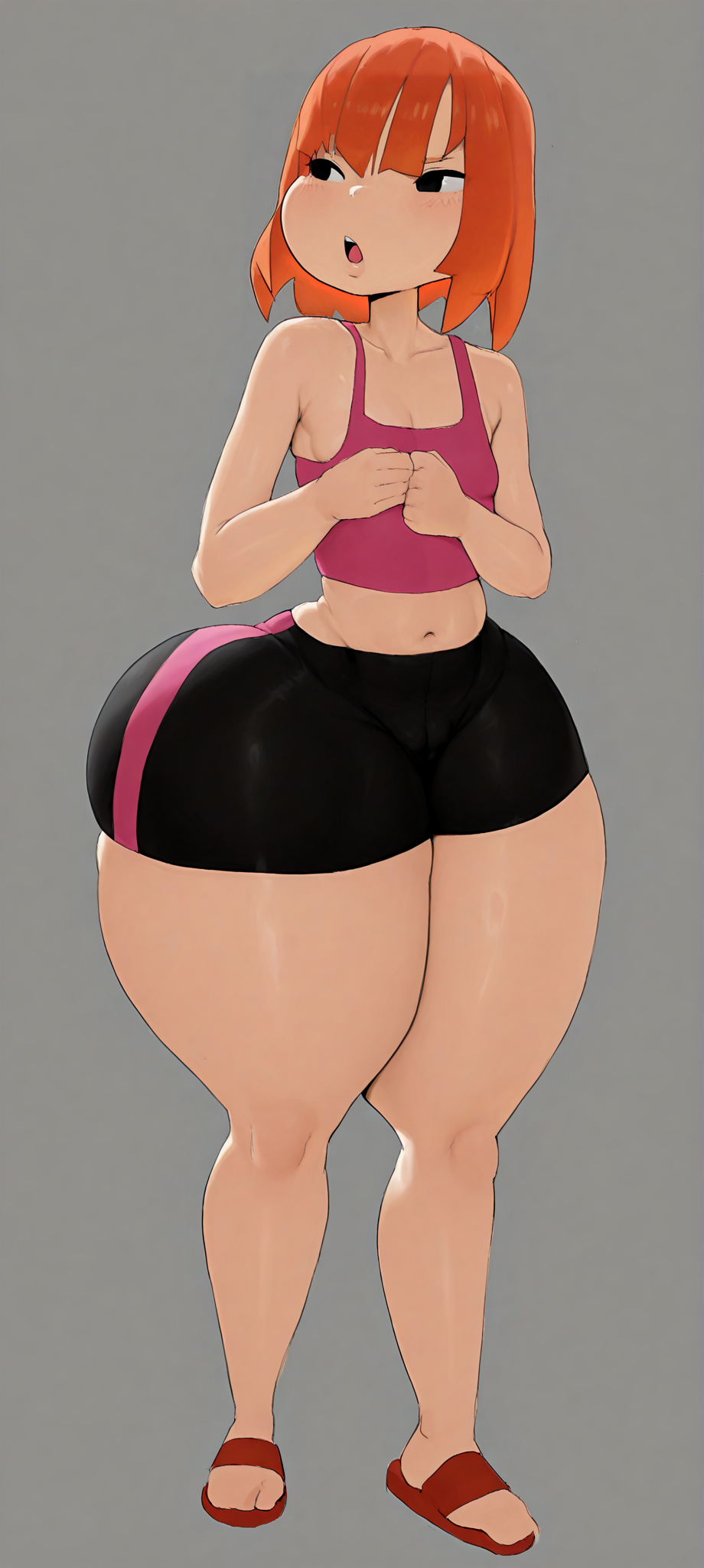 a girl, thick thighs, thighs, orange hair, wide hips, black eyes, breasts, small breasts, full body, grey background, s…