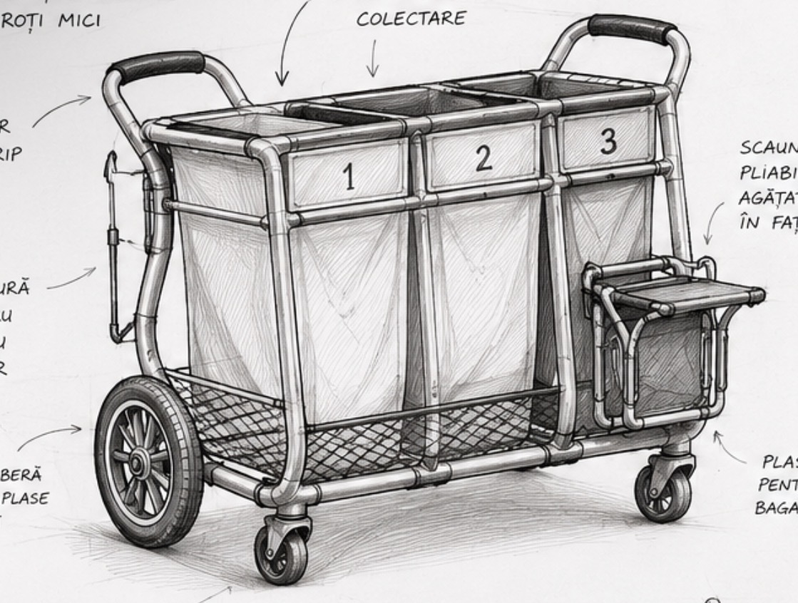 Industrial hard-surface 3D street cleaning cart, tubular metal frame, smooth flowing curved side structure with ergonom…