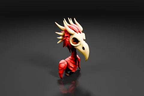 Stylized cartoon bird with bright red feathers, large orange eyes, a beige 3D model preview
