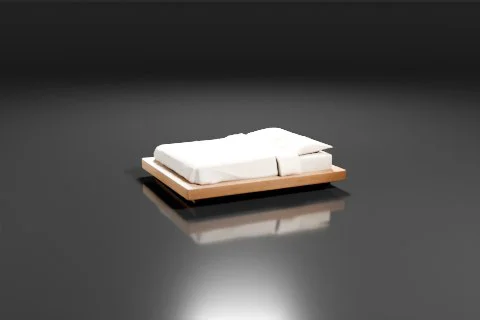 Low wooden bed with white bedding and a leafy green plant 3D model preview