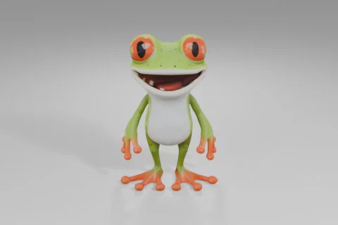 Cheerful cartoon frog with bright orange eyes, green spotted skin, a white 3D model preview