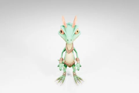 Small, cartoon-like creature with a green body and orange horns on its head 3D model preview