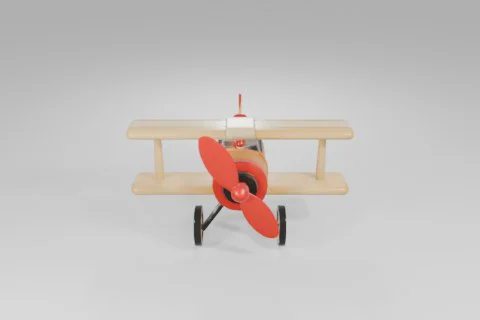 Toy biplane featuring a shiny yellow body, beige wings, large red spinning 3D model preview