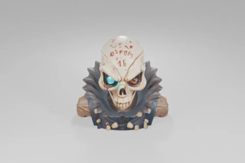 Skeleton figure with a glowing blue cybernetic eye and spiked armor adorned 3D model preview