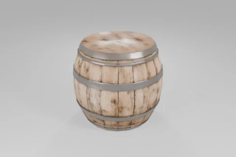 Large wooden barrel reinforced with dark metal bands stands upright, showing 3D model preview